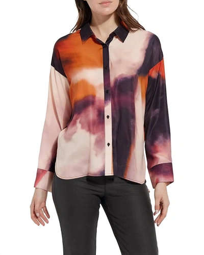 Lyssé Printed Stitched Satin Watercolor Blouse In Purple Watorcolo