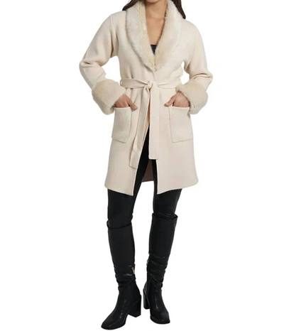 Love Token Shannon Fur Trim Cardigan In Beige