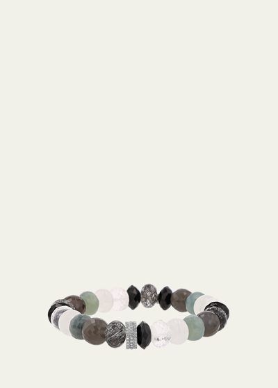 Sheryl Lowe Grey Mix 10mm Bead Bracelet With 3 Pave Diamond Rondelles In Silver