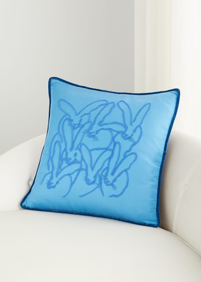 Hunt Slonem Hand-embroidered Silk Bunny Pillow In New Blue