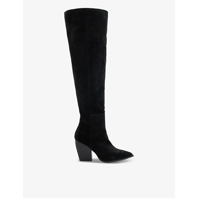 Allsaints Womens Black Reina Pointed-toe Block-heel Suede Knee-high Boots