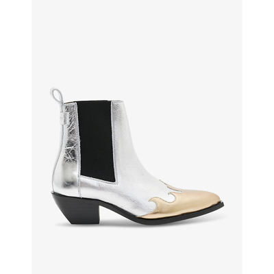 Allsaints Dellaware Contrast-stitch Metallic Leather Ankle Boots In Silver/gold