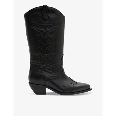 Allsaints Womens Black Dolly Embroidered-stitch Leather Western Boots
