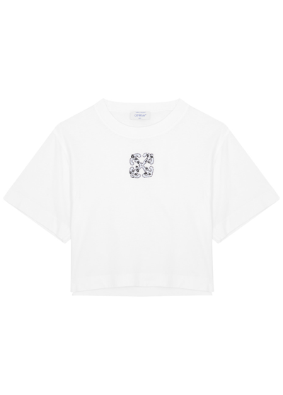 Off-white Bling Leaves Logo Cropped Cotton T-shirt In White And Black