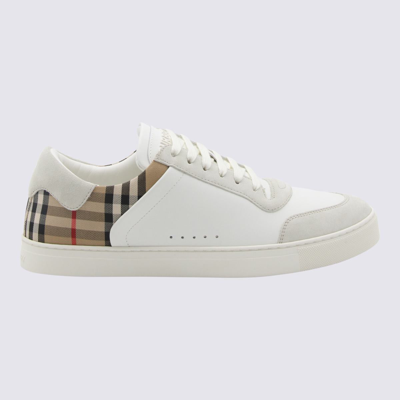 BURBERRY BURBERRY WHITE AND ARCHIVE BEIGE CANVAS AND LEATHER SNEAKERS