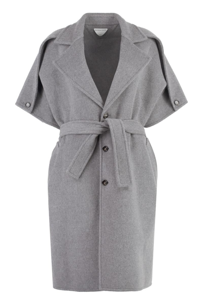 Bottega Veneta Wool And Cashmere Jacket With Lapel Collar And Belt In Gray