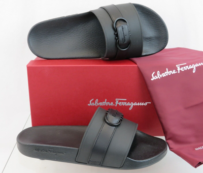 Pre-owned Ferragamo Groove 10 Black Leather Strap Gancini Rubber Logo Sandals Slides 13 M