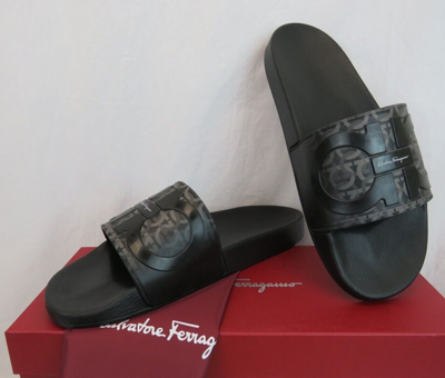 Pre-owned Ferragamo Salvatore  Groove 6 Black Rubber Gancini Logo Sandals Slides 9 M