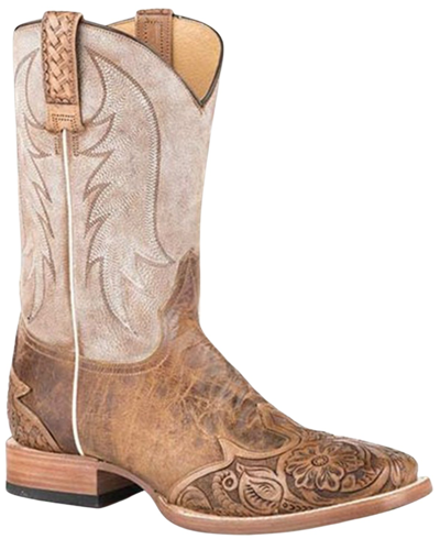 Pre-owned Stetson Men's Diego Tooled Wingtip Western Boot Broad Square Toe - In Brown