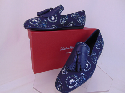 Pre-owned Ferragamo Salvatore  Finnegan Blue Motorcycle Print Fabric Tassel Loafers 9.5 In Deep Blue/ Blue Ink