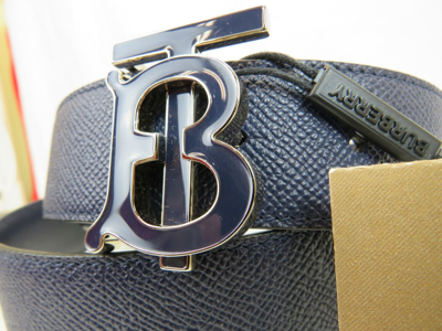 Pre-owned Burberry Tb 35 Grain Navy Blue Leather Enamel Buckle Logo Belt 95 /38 Italy