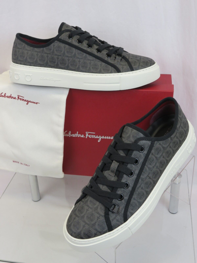 Pre-owned Ferragamo Anson Gray Coated Canvas Gancini Logo Print Black Sneakers 11.5