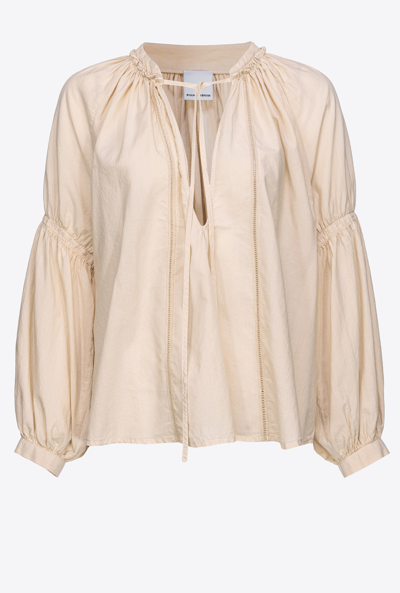 Pinko Motif-embroidered Cotton Blouse In Beige-oatmeal