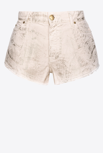 Pinko Graphic-print Mid-rise Denim Shorts In Mastic/or Clair