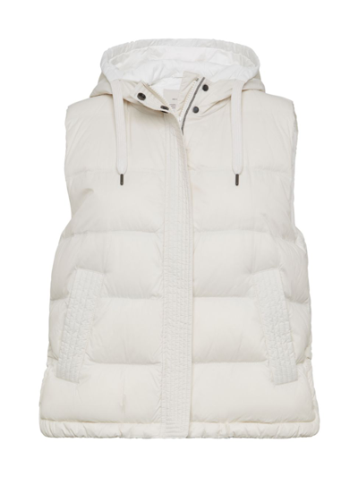 Brunello Cucinelli Women's Lightweight Matte Nylon Down Vest With Hood And Shiny Trim In Vanilla