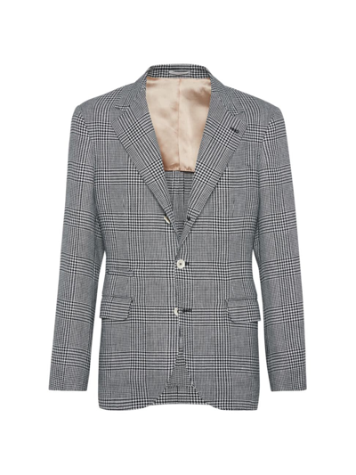 Brunello Cucinelli Men's Linen, Wool And Silk Prince Of Wales Deconstructed Blazer In Black