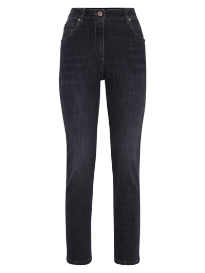 Brunello Cucinelli Slim Pants In Stretch Denim With Shiny Leather Tab In Grey Denim