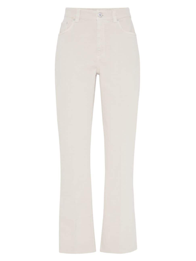 Brunello Cucinelli Women's Garment Dyed Kick Flare Trousers In Comfort Soft Denim With Shiny Tab In Ivory