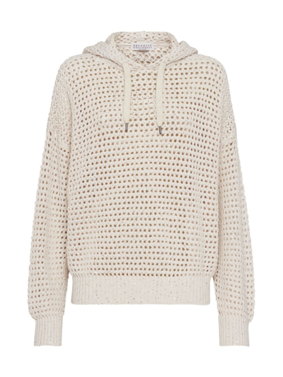 Brunello Cucinelli Women's Cotton Dazzling Net Hooded Sweater In Oat