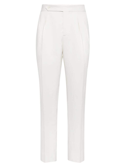 Brunello Cucinelli Men's Silk Twill Tuxedo Trousers With Double Pleats And Tabbed Waistband In Off White
