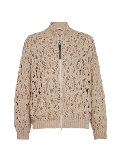 Brunello Cucinelli Women's Cotton Soft Feather Yarn Lace Stitch Cardigan With Precious Zipper Pull In Camel