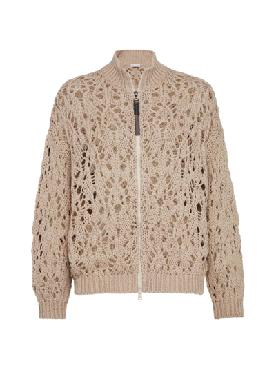 Brunello Cucinelli Open-knit Zip-up Cardigan In Camel