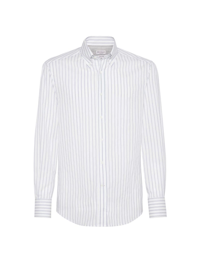 Brunello Cucinelli Men's Textured Striped Cotton Slim Fit Shirt With Button-down Collar In Blue