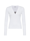 Brunello Cucinelli Women's Stretch Cotton Ribbed Jersey T-shirt With Precious Insert In White