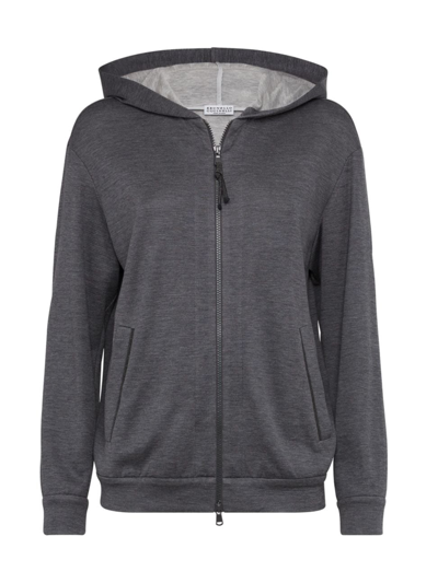 Brunello Cucinelli Women's Cotton And Silk Interlock Hooded Sweatshirt With Precious Zipper Pull In Dark Grey