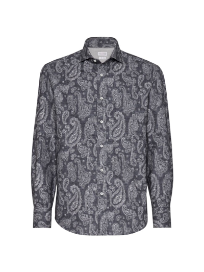 BRUNELLO CUCINELLI MEN'S PAISLEY COTTON SLIM FIT SHIRT WITH SPREAD COLLAR