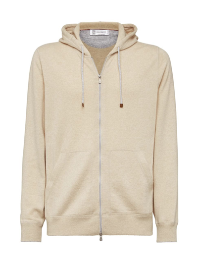 Brunello Cucinelli Men's Cashmere Sweatshirt Style Cardigan With Hood In Sand