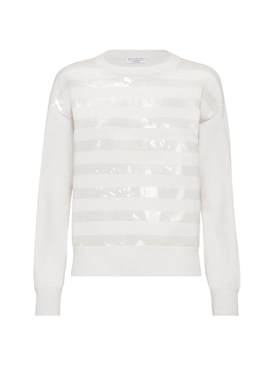 Brunello Cucinelli Striped Sequin Cashmere Jumper In White