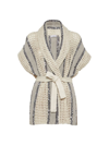 BRUNELLO CUCINELLI WOMEN'S DAZZLING STRIPE NET KNIT CARDIGAN IN JUTE, LINEN, COTTON AND SILK WITH BELT