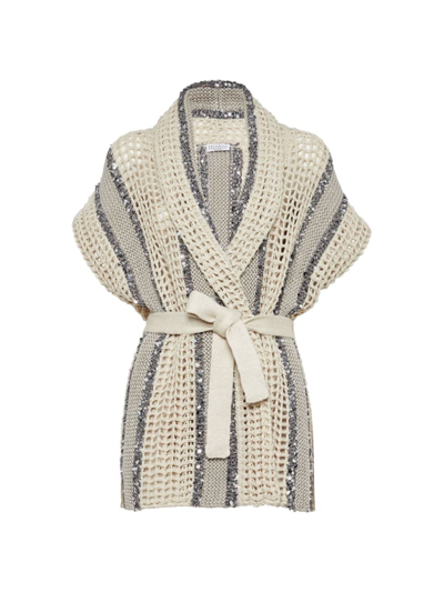 BRUNELLO CUCINELLI WOMEN'S DAZZLING STRIPE NET KNIT CARDIGAN IN JUTE, LINEN, COTTON AND SILK WITH BELT