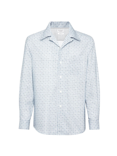 Brunello Cucinelli Geometric-pattern Cotton Shirt In Sky Blue