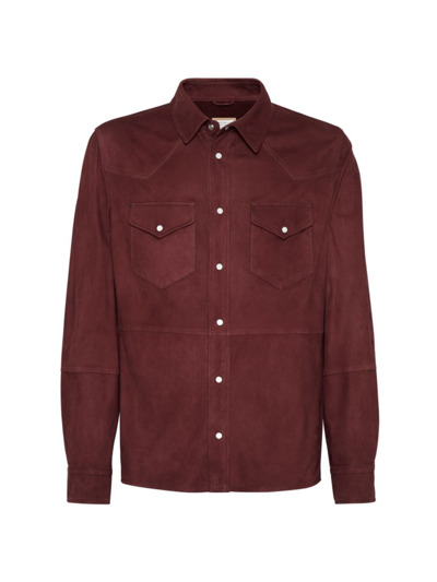 Brunello Cucinelli Men's Deconstructed Suede Western Shirt In C8885 Burgundy