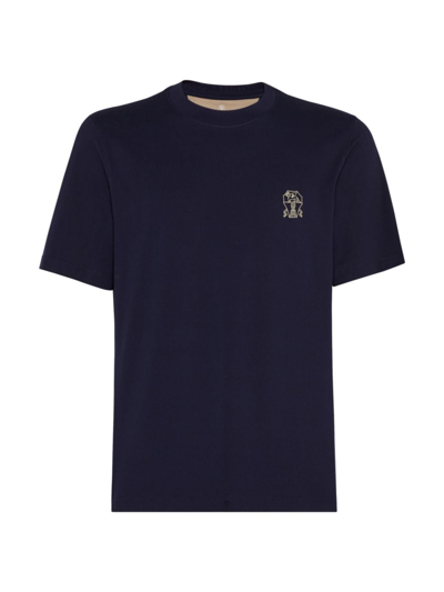 Brunello Cucinelli Men's Cotton Jersey T-shirt With Printed Logo In Cobalt