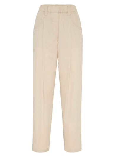 BRUNELLO CUCINELLI WOMEN'S LIGHTWEIGHT COTTON POPLIN BAGGY TRACK TROUSERS WITH SHINY TAB
