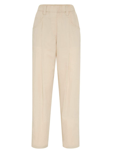 Brunello Cucinelli Women's Lightweight Cotton Poplin Baggy Track Trousers With Shiny Tab In Beige