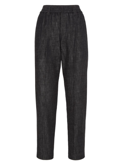 Brunello Cucinelli Women's Dark Polished Denim Baggy Trousers With Shiny Loop Details In Blue
