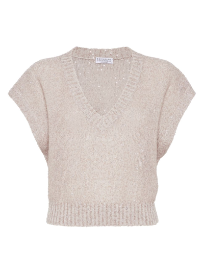 Brunello Cucinelli Linen-cashmere-silk Sequinned Sweater In Beige