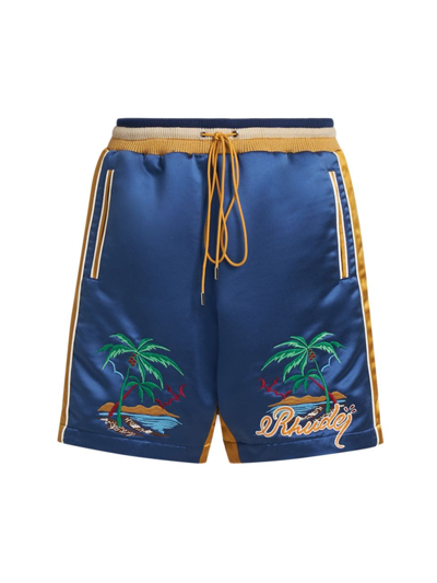 Rhude Men's Palm Satin Souvenir Shorts In Navy And Mustard Yellow