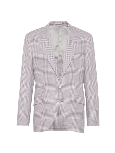 Brunello Cucinelli Men's Linen, Wool And Silk Prince Of Wales Deconstructed Cavallo Blazer In Purple