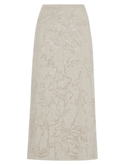 Brunello Cucinelli Women's Linen Canvas Skirt With Dazzling Flower Embroidery In Rope