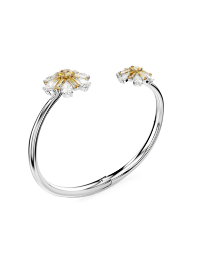 Swarovski Flower, Yellow, Rhodium Plated Idyllia Bangle Bracelet In Yellow/silver