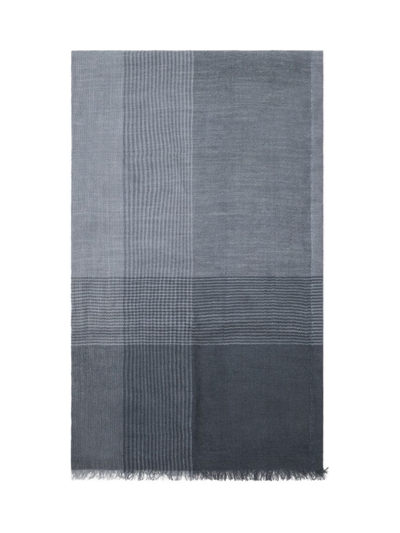 Brunello Cucinelli Striped Silk And Linen Herringbone Patterned Scarf In Grey