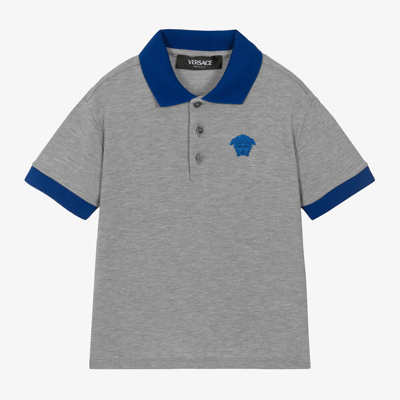 Versace Kids' Boys Grey Cotton Medusa Polo Shirt In Blu
