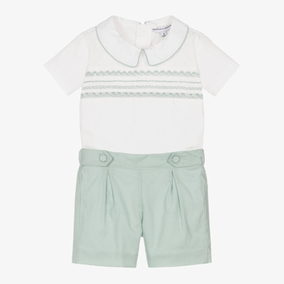 Beatrice & George Babies' Boys Green Hand-smocked Cotton Buster Suit