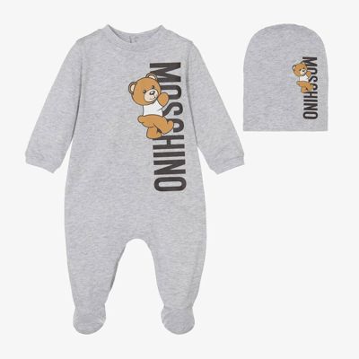 Moschino Baby Grey Cotton Teddy Bear Logo Babygrow Set