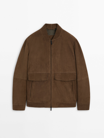 Massimo Dutti Suede Leather Bomber Jacket With Pockets In Chocolate Brown
